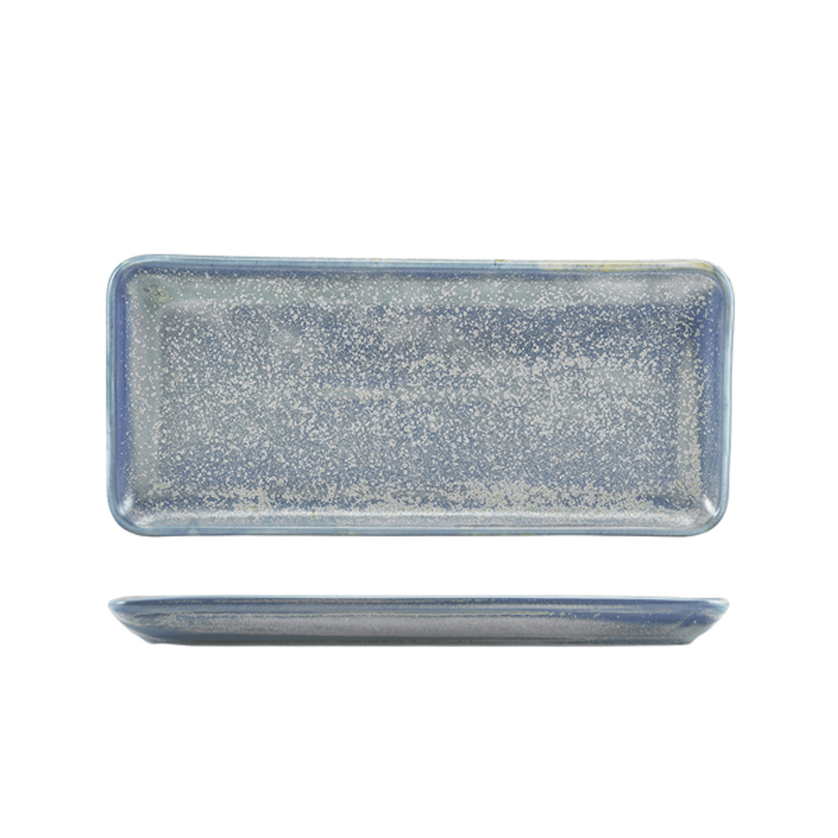 Rectangular ceramic tray with speckled blue and gray design on a white background