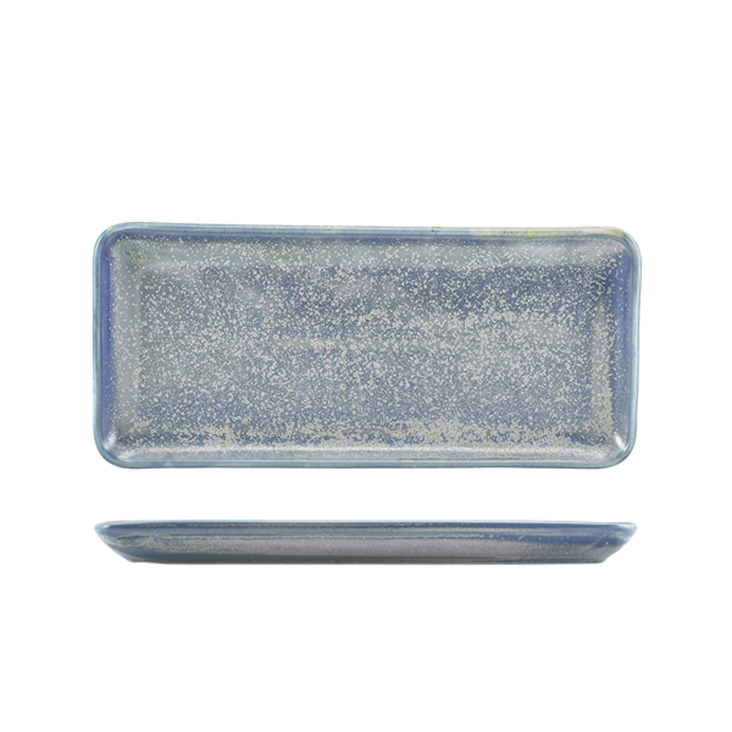 Rectangular ceramic tray with speckled blue and gray design on a white background