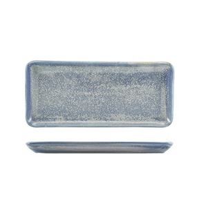 Rectangular ceramic tray with speckled blue and gray design on a white background