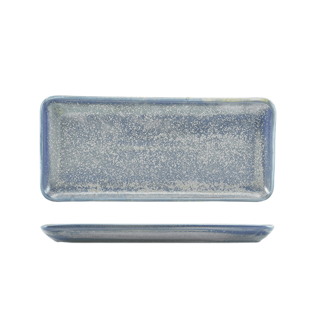 Rectangular ceramic tray with speckled blue and gray design on a white background