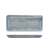 Rectangular ceramic tray with speckled blue and gray design on a white background