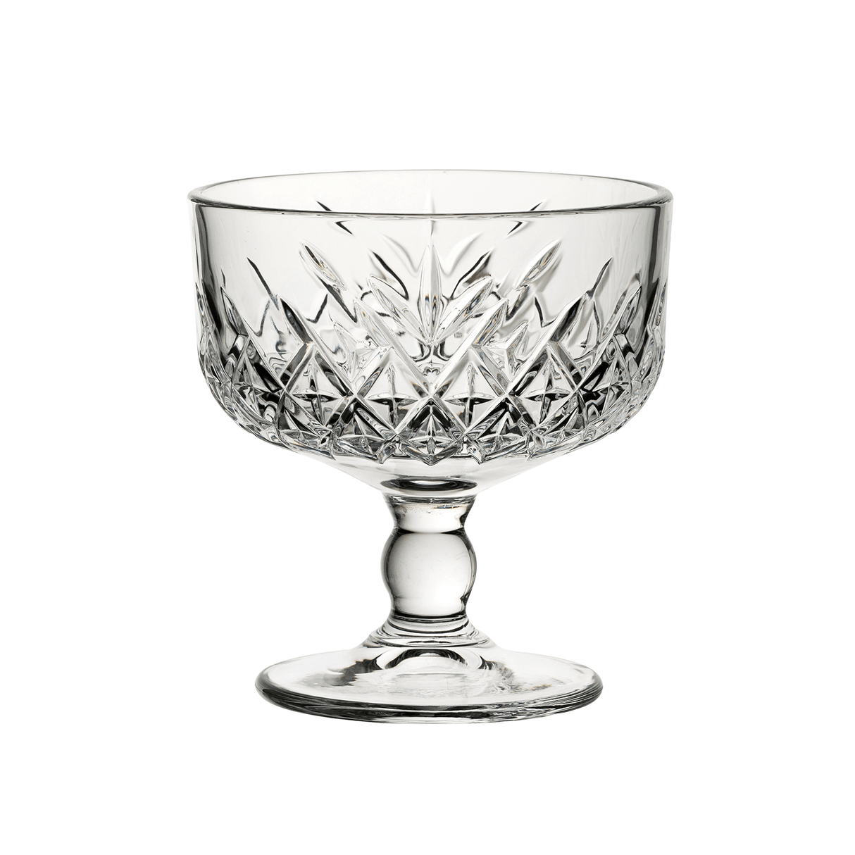 Clear glass dessert bowl with intricate cut patterns on a white background