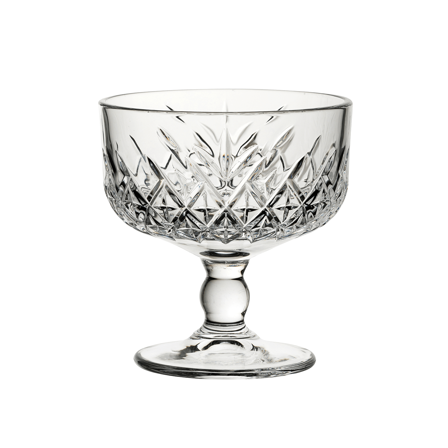 Clear glass dessert bowl with intricate cut patterns on a white background