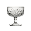 Clear glass dessert bowl with intricate cut patterns on a white background