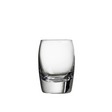 A clear, round, small whisky glass with a shape resembling a whisky barrel, featuring convex curved sides.