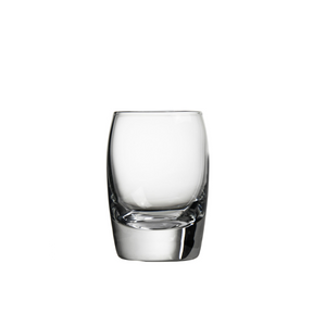 A clear, round, small whisky glass with a shape resembling a whisky barrel, featuring convex curved sides.
