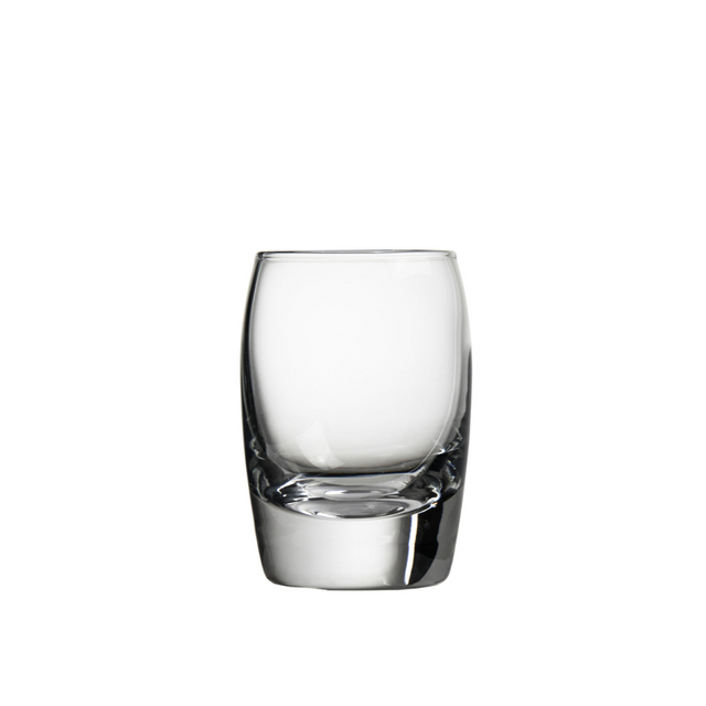 A clear, round, small whisky glass with a shape resembling a whisky barrel, featuring convex curved sides.
