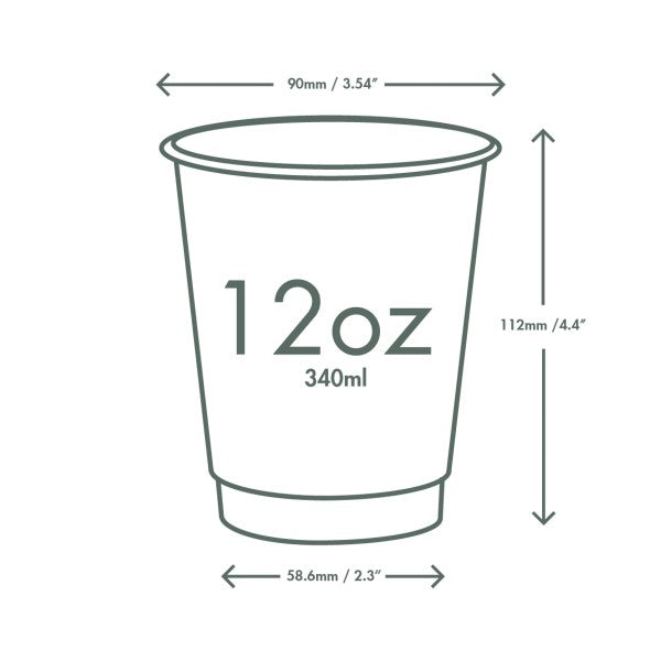 Illustration of a 12 oz cup with dimensions labeled