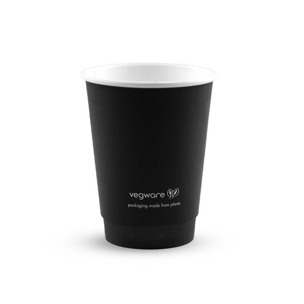 Black paper cup with 'Vegware' branding on a white background