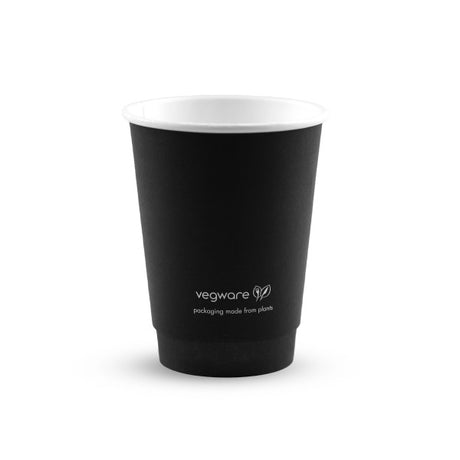 Black paper cup with 'Vegware' branding on a white background