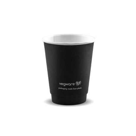 Black paper cup with white interior on a white background, featuring the Vegware logo.