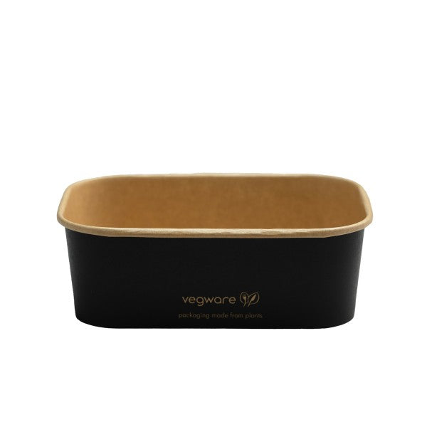 Black and beige rectangular container with 'Vegware' branding on a white background