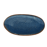 A Terra Porcelain Aqua Blue Organic Platter with a rolled edge and unique glaze creating a distinctive pattern.