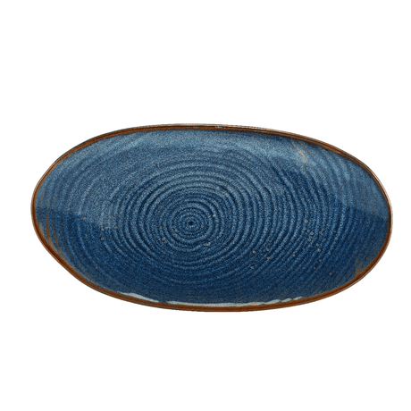 A Terra Porcelain Aqua Blue Organic Platter with a rolled edge and unique glaze creating a distinctive pattern.