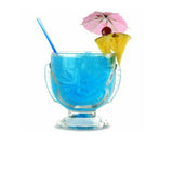 clear tiki mug glass with blue drink and straw