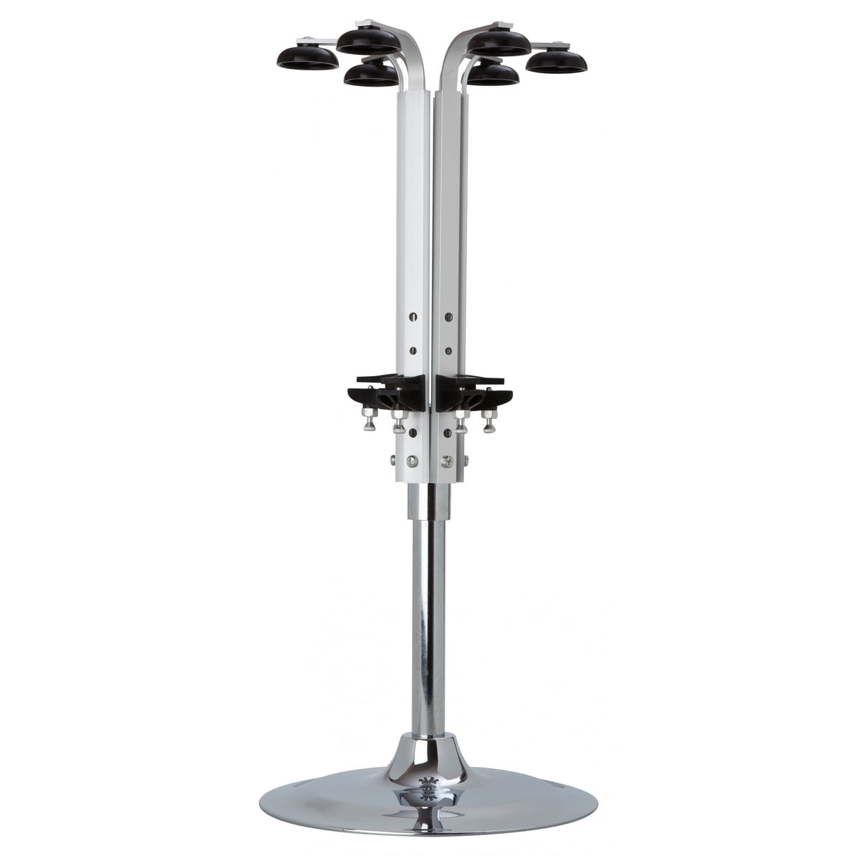 A space-saving rotary bottle bracket stand designed to hold multiple bottles, featuring a metallic finish with weighted base for stability.