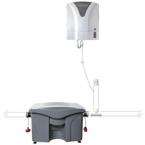Gray and white pool pump system on a white background