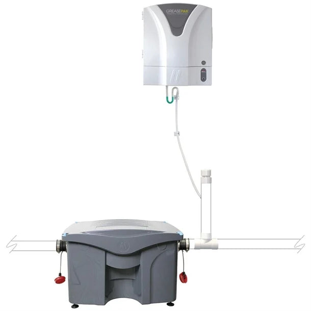Gray and white pool pump system on a white background