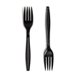 Two black reusable plastic forks laid out on a white background, showcasing their design and color.