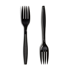 Two black reusable plastic forks laid out on a white background, showcasing their design and color.