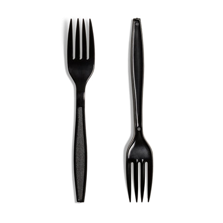 Two black reusable plastic forks laid out on a white background, showcasing their design and color.