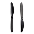 Two black reusable plastic knives side by side.