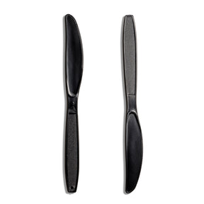 Two black reusable plastic knives side by side.