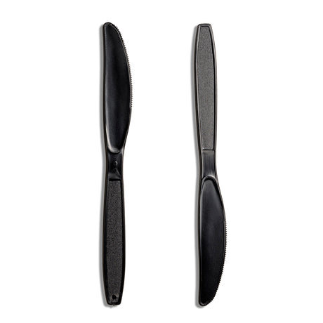 Two black reusable plastic knives side by side.
