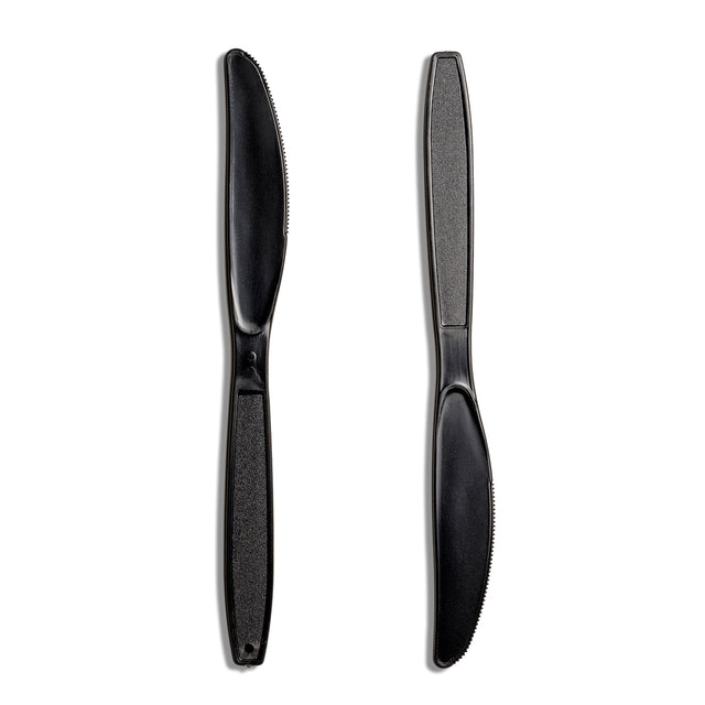 Two black reusable plastic knives side by side.