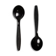 Two black polystyrene soup spoons on a white background, demonstrating the design and color of the product.
