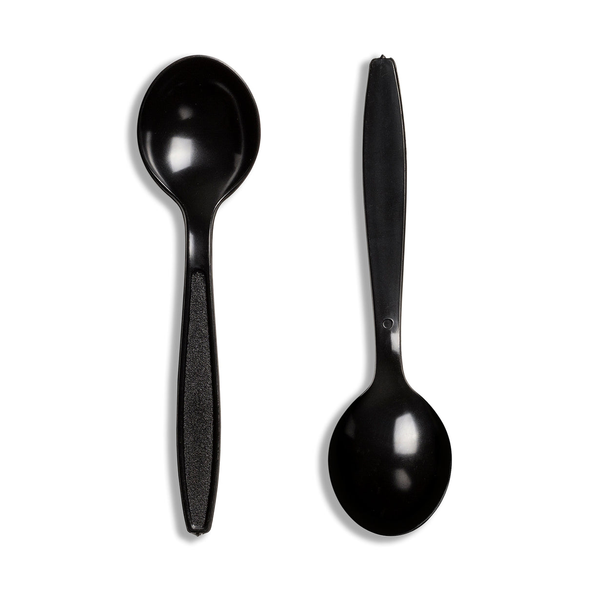 Two black polystyrene soup spoons on a white background, demonstrating the design and color of the product.