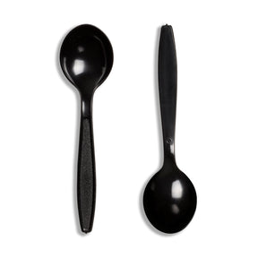 Two black polystyrene soup spoons on a white background, demonstrating the design and color of the product.