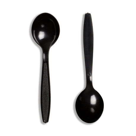 Two black polystyrene soup spoons on a white background, demonstrating the design and color of the product.