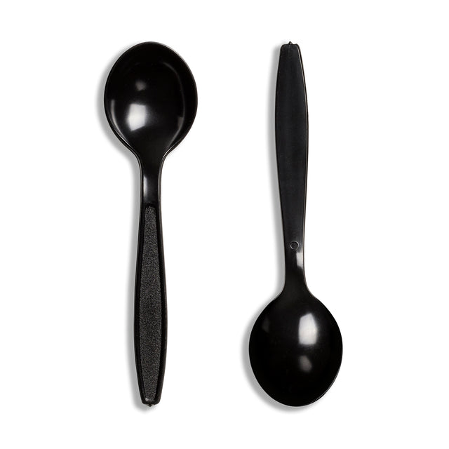 Two black polystyrene soup spoons on a white background, demonstrating the design and color of the product.