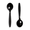 Two black polystyrene soup spoons on a white background, demonstrating the design and color of the product.