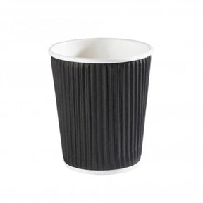 Black ribbed paper cup with white interior on a white background