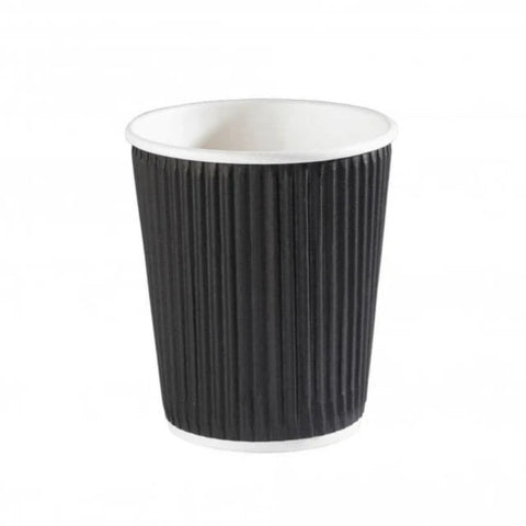 Black ribbed paper cup with white interior on a white background
