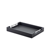 A black lacquered Acacia wood butlers tray with stainless steel handles.
