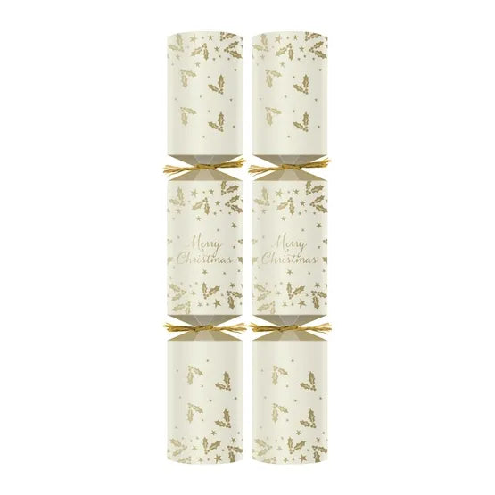 2 Christmas crackers with gold foil designs and 'Merry Christmas' text on a white background.
