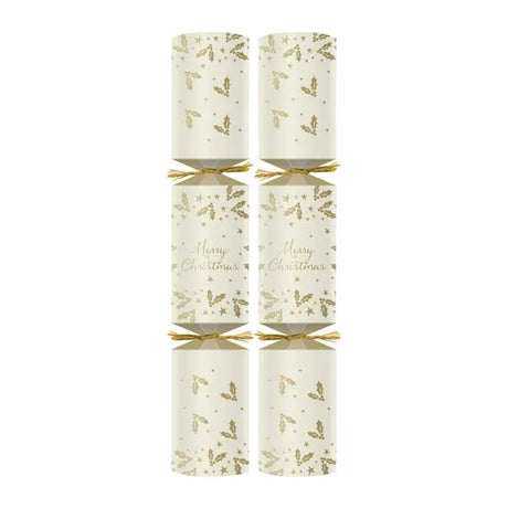 2 Christmas crackers with gold foil designs and 'Merry Christmas' text on a white background.