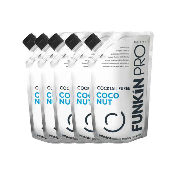 Five pouches of Funkin Coconut Puree, each labeled 1kg, arranged in a row against a white background.