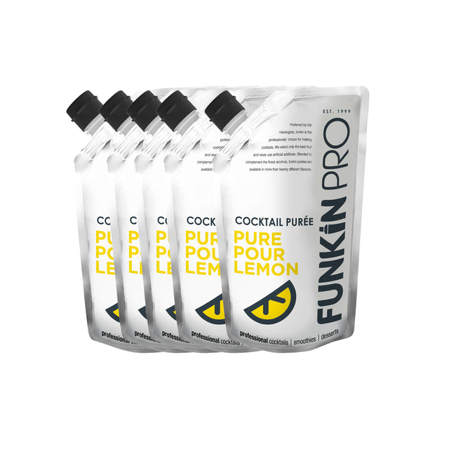 A pack of five 1kg pouches of Funkin Pure Pour Lemon Juice, with branding and product information displayed on the packaging.