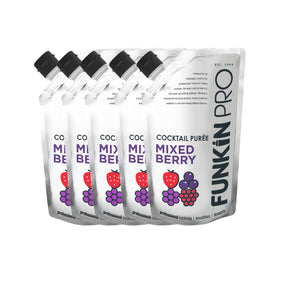 A case of Funkin Mixed Berry Puree, containing five 1kg pouches with a clear and colorful design showcasing the mixed berries on the packaging.