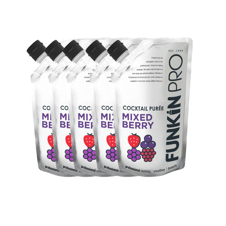 A case of Funkin Mixed Berry Puree, containing five 1kg pouches with a clear and colorful design showcasing the mixed berries on the packaging.