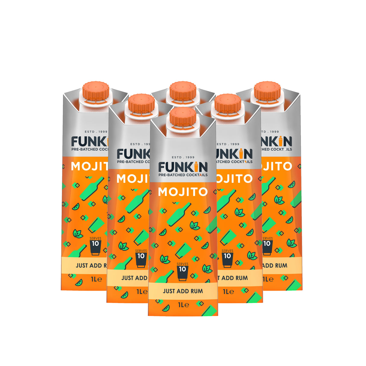 Six cartons of Funkin Mojito Cocktail Mixer, each containing 1 liter of the mixer. The packaging is predominantly orange with images of mint leaves and text instructions on how to make a Mojito cocktail.