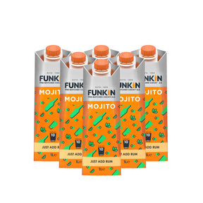 Six cartons of Funkin Mojito Cocktail Mixer, each containing 1 liter of the mixer. The packaging is predominantly orange with images of mint leaves and text instructions on how to make a Mojito cocktail.