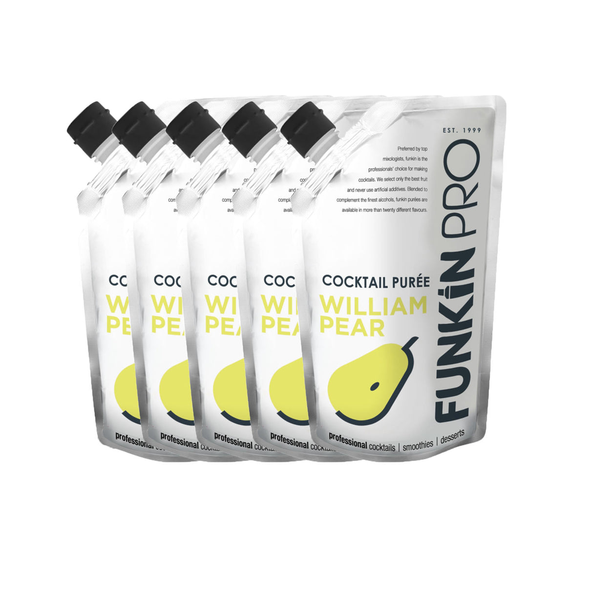 A case of five 1kg pouches of Funkin William Pear Puree arranged side by side.