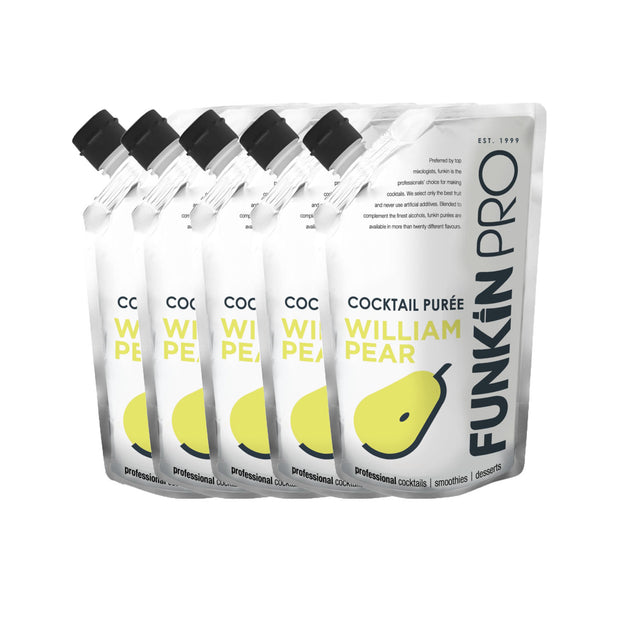 A case of five 1kg pouches of Funkin William Pear Puree arranged side by side.
