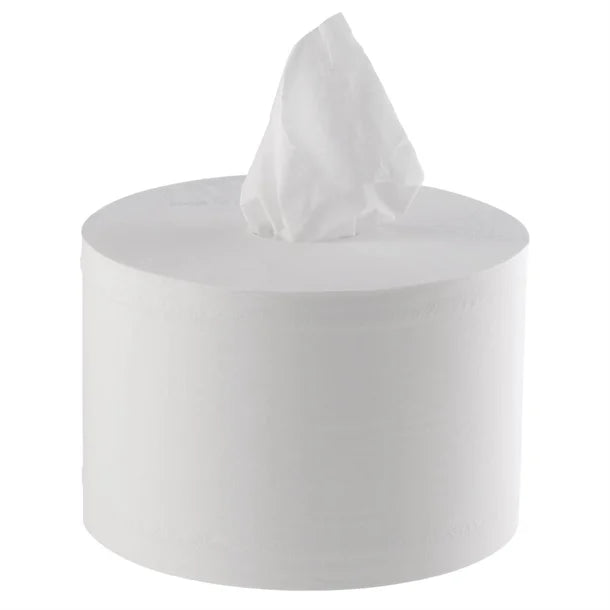 White tissue roll with a tissue peeking out on a white background