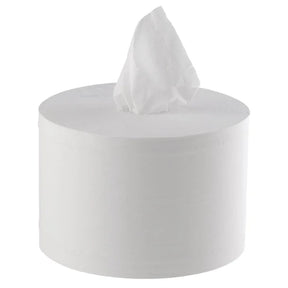 White tissue roll with a tissue peeking out on a white background